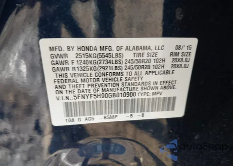 2016 Honda Pilot Touring z USA, uszkodzony, nr VIN 5FNYF5H90GB010900